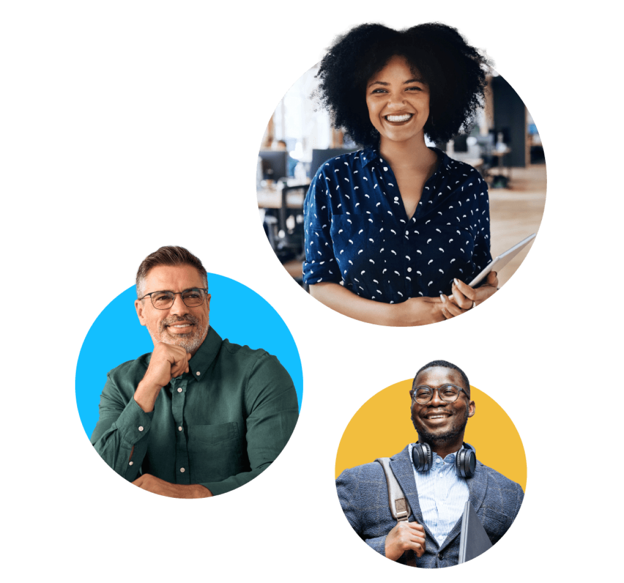A picture of three individual people in corporate dress code